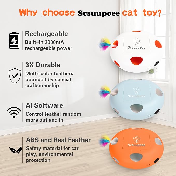 Rechargeable Interactive Cat Toy, Blue | Smart Sensor Pop-Up Feather Toy, 7 Holes, USB Powered Automatic, For Indoor Cats - Image 7