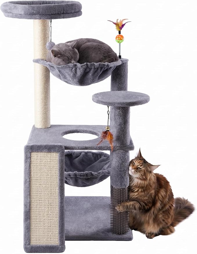 Multi-Level Cat Tree for Indoor Cats, Cat Tree Tower with Big Cat Hammock and Self-Grooming Brush, Cat Tower with Scratch Ladder, Indoor Climbing Activity Tower with Scratching Posts, Grey by Ikviier