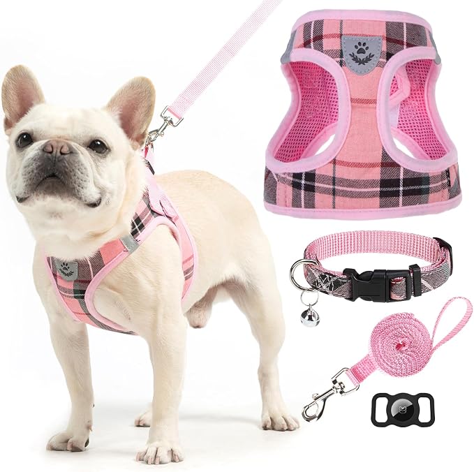 Classic Plaid Puppy Harness - Small Dog Harness and Leash Set - Dog Collar and Leash Set with AirTag Holder, Soft Padded Step in Dog Vest Harness No Pull Reflective for Outdoor, Pink XXS - Image 8