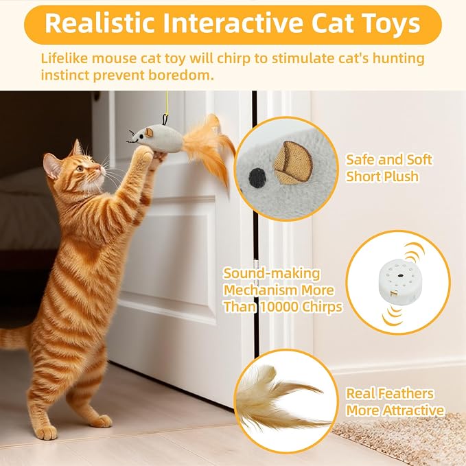 Tocirelo Hanging Cat Mouse Toy, Interactive Motion Activated Squeaky Mice | 3Pack Cat Toys with Catnip, Feathers for Indoor Cats Self Play, Kitten Kicker Door Frame Toy for Reducing Boredom and Hunting - Image 2