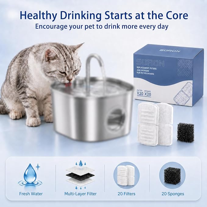 SORON 20 Pack Cat Water Fountain Filters Replacement, Compatible with GIOTOHUN/HOOISE/ATMZIQXR/UMOCUOY/IHOUONE 74oz/88oz/108oz Stainless Steel Pet Fountains, Premium Replacement Filters with Sponges - Image 5