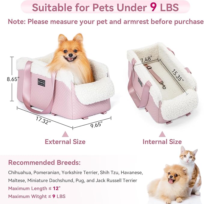 PETSFIT Cat Car Seat, Portable Console Dog Car Seat with Safe Protective Hooks, Luxury Pet Car Seat Includes Safety Leash and Storage Pocket for Pets Up to 9 lbs (Pink) - Image 4