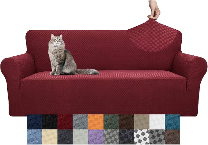 YEMYHOM Couch Cover Latest Jacquard Design High Stretch Sofa Covers for 3 Cushion Couch, Pet Dog Cat Proof Slipcover Non Slip Magic Elastic Furniture Protector (Sofa, Christmas Wine Red) by YEMYHOM