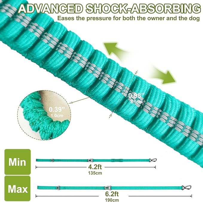 Dog Leash Heavy Duty, Bungee Leash Reflective Car Seat Belt for Dogs Green | 4-6FT Strong Shock Absorbing Tactical with 2 Padded Handles, Dog Tug Lead for Large Dogs Walking Running Training - Image 3