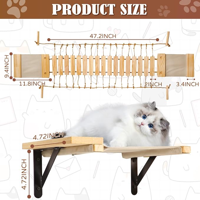 Calmbee Cat Wall Shelves, Cat Wall Furniture 70" Cat Bridge Wall Mount Cat Perch Wooden Hammock Cat Tree Cat Climber Cat Cloud Shelf Board Cats Bed - Image 2