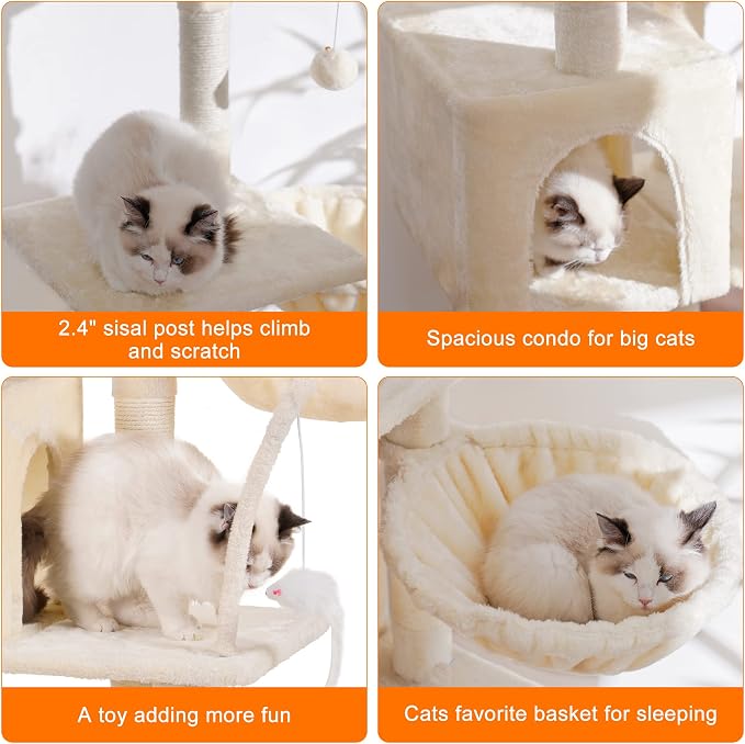 Heybly Cat Tree with Toy, 43.3 inch Cat Tower for Indoor Cats HCT004M | Cat Condo with Durable Sisal Scratching Posts, Cat House with Padded Plush Perch, Cozy Hammock, Beige - Image 5