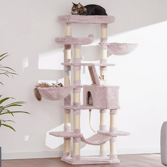 Heybly Cat Tree, 68 inch Multi-Level Cat Tower for Indoor Cats HCT025MU | Cat Condo with 2 Widened Plush Perches, 2 Cozy Baskets, Scratching Board and Big Caves, Rosy Brown - Image 4