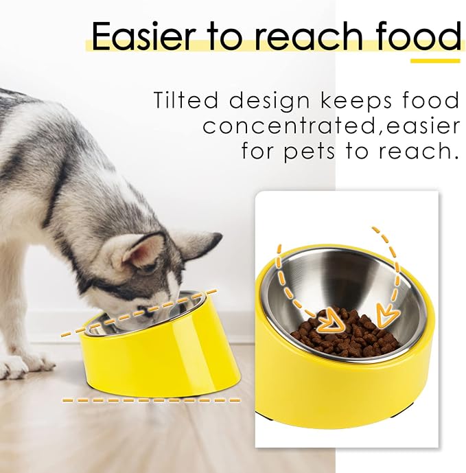 SUPERDESIGN Anti-Vomiting 15° Slanted Pet Bowl, S/0.5 Cup, Yellow | 15° Tilted, Anti-Vomit & Neck Relief, Non-Slip Base, Detachable Stainless Steel Liner, Dishwasher Safe, for Cats & Dogs - Image 2