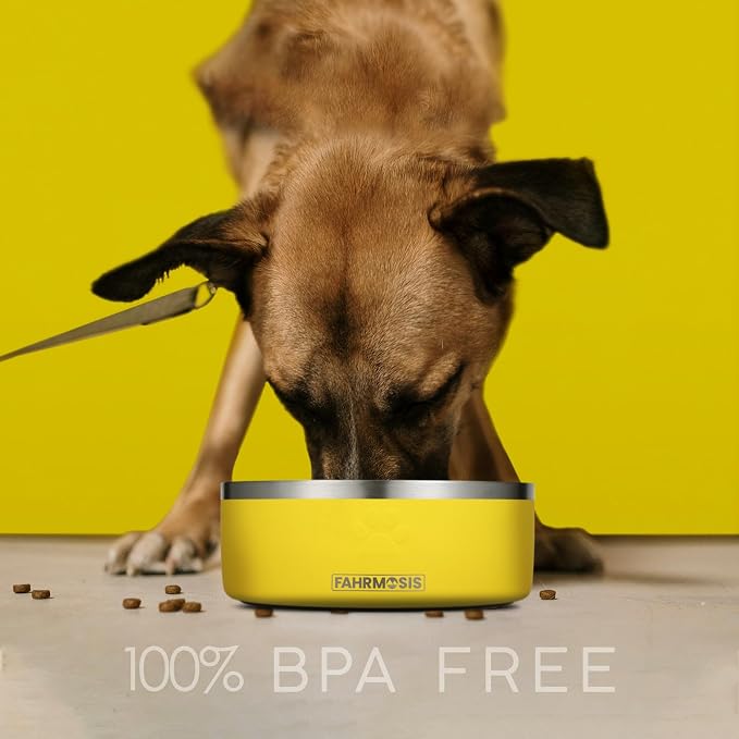FAHRMOSIS 32 Oz Dog Bowl with Slow Feeder Insert Stainless Steel Pet Water Bowl for Medium & Large Breed Non Slip Rubber Base & Plastic Puzzle Feeder - Yellow - Image 5