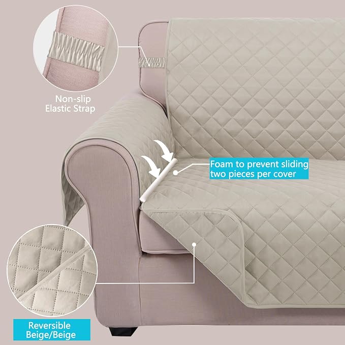 U-NICE HOME Loveseat Sofa Cover for 2 Cushion Couch, Beige/Beige | 54''Oversized Loveseat Cover Washable, Pet Friendly, Elastic Straps, Water Repellent, Furniture Protector for 2 Cushion - Image 3