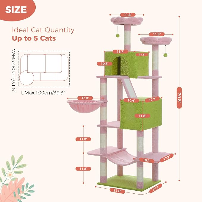 Flower Cat Tree Tall 70.8" for Adult Indoor Cats, 8-Levels Large Cat Tower with 8 Sisal Posts, 2 Hammocks, 2 Condos, Big Perch & 3 Pom Poms for Multi-Cats Household – Carpet Pink - Image 7