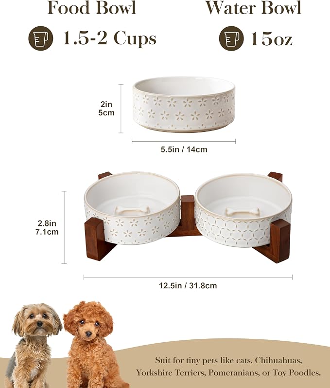 MALACASA Dog Bowl Set, Ceramic Bowls with Walnut Wood Stand, 1.5 Cups | Five-Leaf Grass and Honeycomb Design, Non-Slip Base, for Cats and Dogs, About 26% Heavier than Similar Ceramic Bowls - Image 2