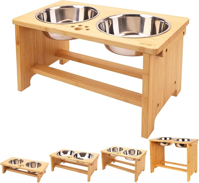 HTB Elevated Dog Bowls,Raised Dog Bowl Stand with 2 Stainless Steel Bowls,Elevated Raised Dog Bowls for Large Medium Small Sized Dogs | Raised Dog Bowl Stand, 10"tall, 48 Oz Bowls, for Large Sized Dogs, Pet-safe, Solid Bamboo by HTB