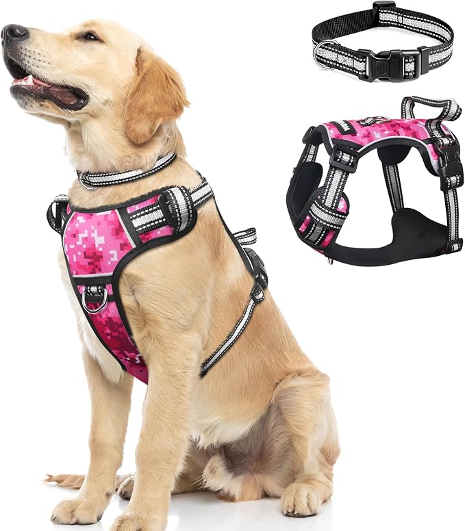 Dog Harness No Pull, Pet Harnesses with Dog Collar, Adjustable Reflective Oxford Outdoor Vest, Front/Back Leash Clips for Small, Medium, Large, Extra Large Dogs, Easy Control Handle for Walking by WINSEE