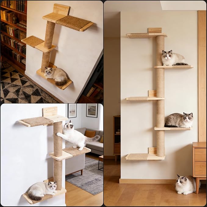Tall Wall Cat Tree 50"‌, Wood Cat Wall Shelves Wall-Mounted Scratching Post | with Natural Jute Rope Adjustable Cat Tower for Indoor Cats (4-Tier Cat Tree, Natural Jute Color) - Image 4