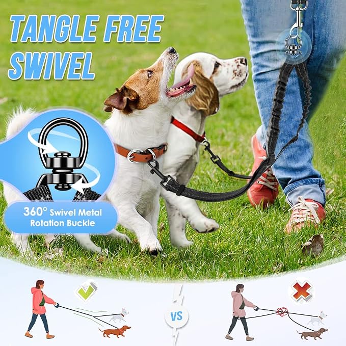 AUTOWT Double Dog Leash, No Tangle 360°Swivel Rotation Reflective Lead Attachment Adjustable Length Dual Two Dogs Lead Splitter, Comfortable Shock Absorbing Walking Training for 2 Dogs - Image 6