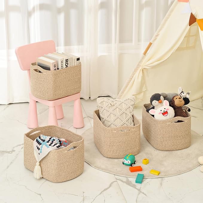 ICERZCZ Storage Baskets for Organizing & Shelves, Woven Cotton Rope Organization Bins for Dog Toys, Clothes, Books, Nursery Organizer, 15"Lx11''Wx9.5''H, (4 Packs) Brown - Image 8