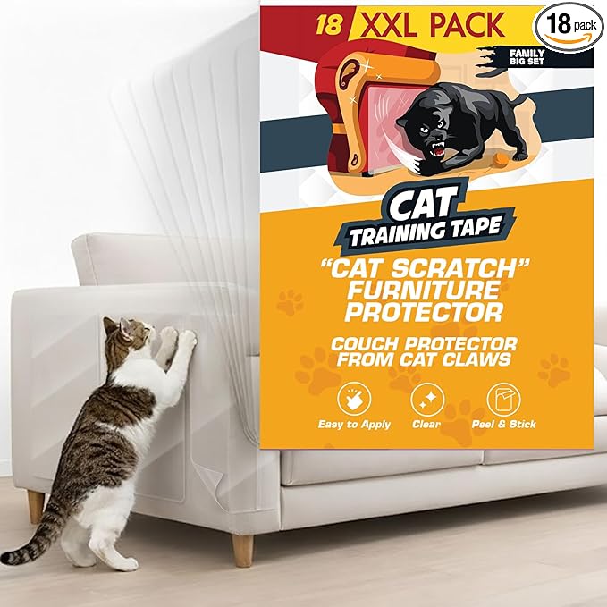 Panther Armor Cat Scratch Furniture Protector, 18 Double-Sided Tape Sheets | Double-sided sticky tape cats dislike touching. Clear couch, sofa and chair corner guard. 8 XL, 8 large, 2 medium by PantherArmor
