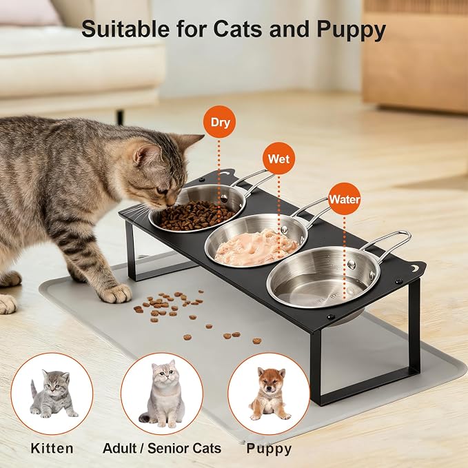 Elevated Cat Bowls with Food Mat, 10°Tilted Non-Slip Raised Cat Food Water Bowls Set, 3 Thick Stainless Steel Pets Dishes with Handles to Indoor Kitten Puppy, Anti-Vomiting Cute Metal Feeding Stand - Image 3