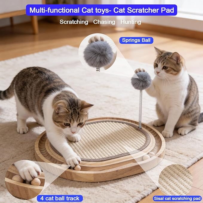 Sisal Cat Scratcher Pad with Wooden Ball Track Toy,Interactive Cat Toys for Kittens & Adult Cats Indoor, Anti-Scratch Furniture Protector for Bored Pet, Cat Enrichment Puzzle - Image 2