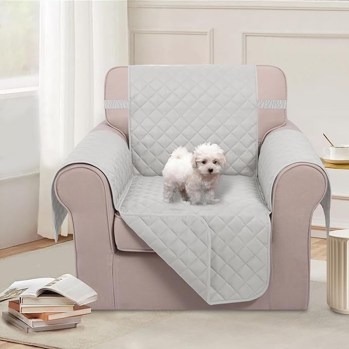 U-NICE HOME Reversible Recliner Chair Covers, Light Grey | 23''Armchair Cover for dogs Washable, Pet Friendly, Elastic Straps, Water Repellent, Diamond Quilted - Image 2