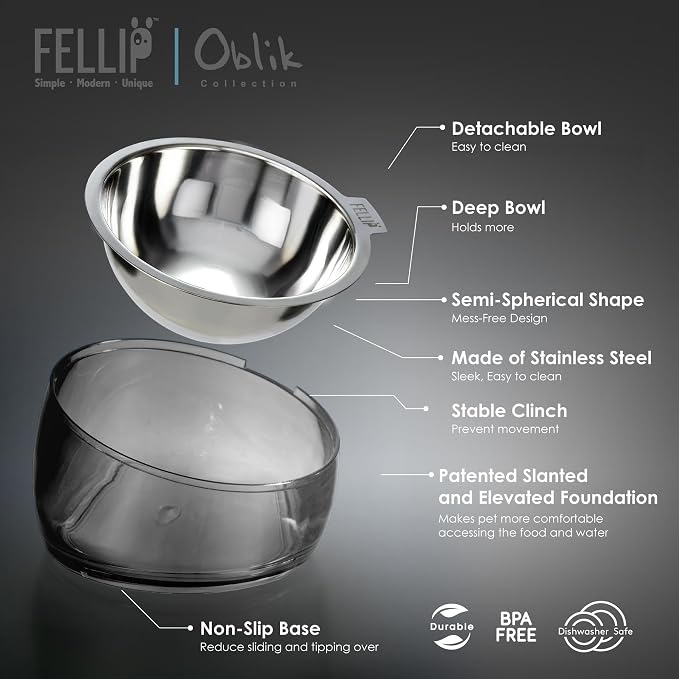 Felli Oblik 15° Tilted Small Animal Bowls for Pet Food & Water 6 oz Stainless Steel Dish Removable, Slanted Metal Plate Feeder for Kitten Puppy Rabbit Bunny Guinchilla Pig (0.75 Cups, Smoky) - Image 4