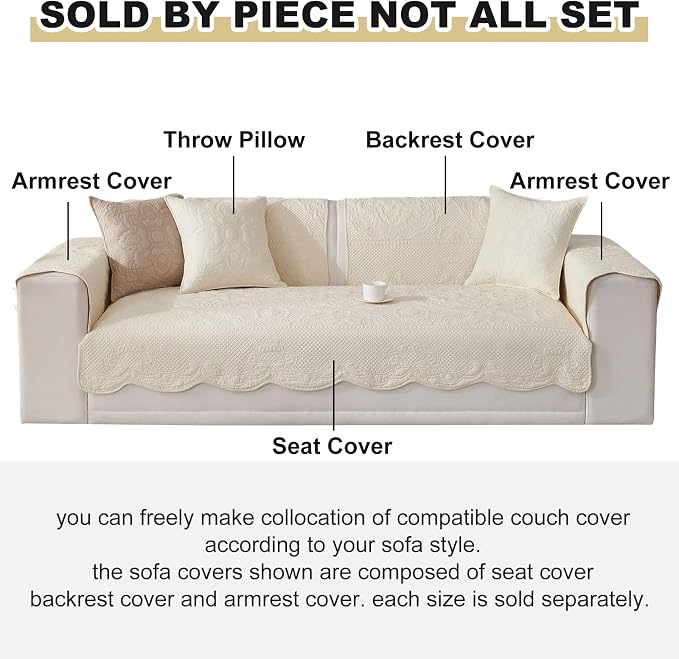 vctops Boho Cotton Quilted Couch Cover Soft Embroidered Sofa Cover Non-Slip Dog Bed Cover Scalloped Sofa Slipcover Washable Furniture Protector Cover (Cream,43"x63") - Image 2