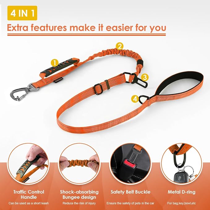 AUBELL Tactical Dog Leash Heavy Duty,4-6ft No Pull Bungee Leash,Orange | Reflective Dog Leash for Medium Large Dogs with Comfortable Padded Double Handle,Car Seat Belt,360 Degree Rotating Carabiner - Image 4
