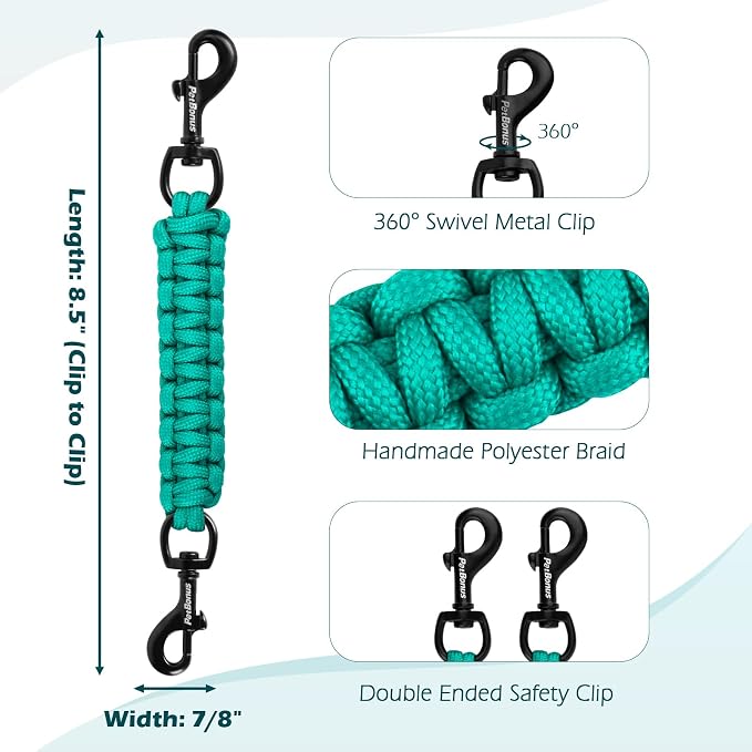 PetBonus Dog Collar Safety Clip, Handmade Prong Collar to Harness Connector | Dog Leash Backup Safety Strap, Escape Proof, Double Ended Clasp, Lead Connector for Pinch Collar, Harness (Turquoise) - Image 2