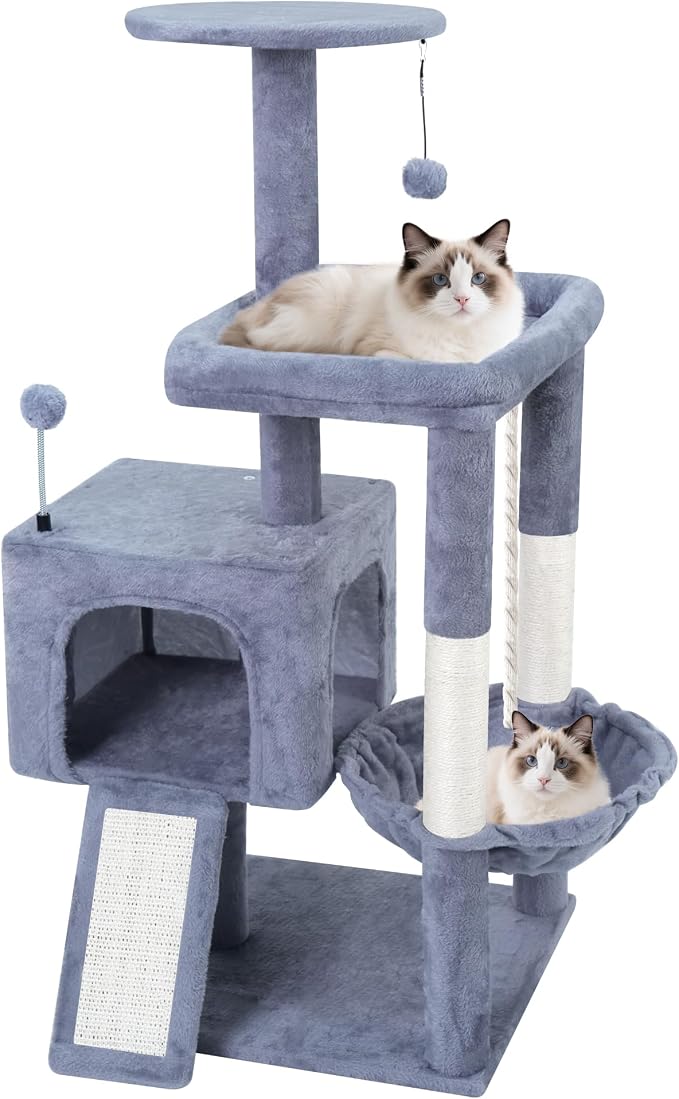 TWDEPART 37.5" All-in-One Cat Tree Tower with Scratching Board & Posts Cozy Sleeping Perch Hammock and Toy Balls,Grey by TINWEI