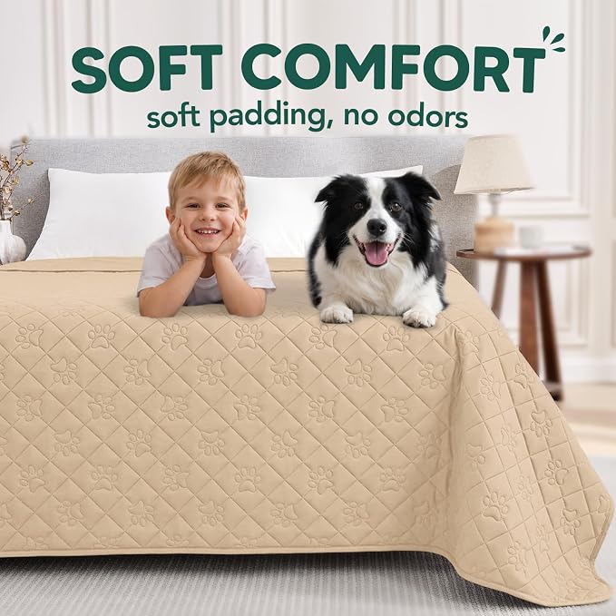 PAWFINITY Waterproof Bed Cover for Dogs, Pet Blanket for Mattress Washable | Paw Print Quilted, Hair Resistant, Anti Cat Scratch, Pee Proof Furniture Protector for Queen Size Bed, 68x82 Inch, Beige - Image 4