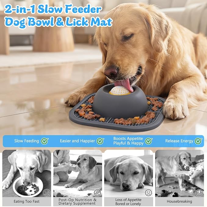 Slow Feeder Dog Bowls & Lick Mat for Liquid and Thick Treat, Anti-Slip Dog Lick Bowl with Interactive Rolling Ball, 5/6 Cup Pup Licking Toy for Large Medium Small Dogs and Cats Gray - Image 2