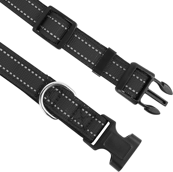 Reflective Dog Collar, Adjustable Soft Neoprene Padded,Black,L | Breathable Nylon for Large Dogs,Tear-Resistant Webbing,Chafe‑Free on Walks and Hikes,Metal D-Ring,Night Safety - Image 3