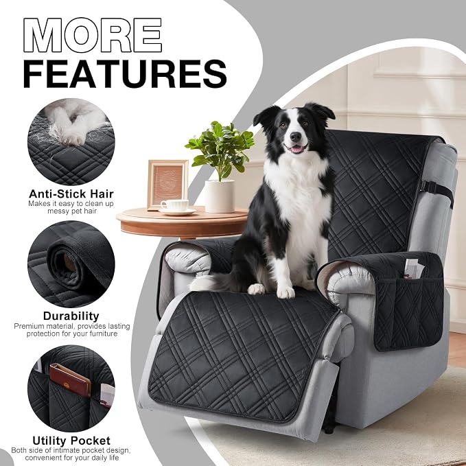 TAOCOCO 100% Waterproof Recliner Chair Cover, Recliner Covers for Recliner Chair with Pocket, Non Slip Reclining Chair Cover Furniture Protector for Kids, Pets(23.6'', Black-Velvet) - Image 4