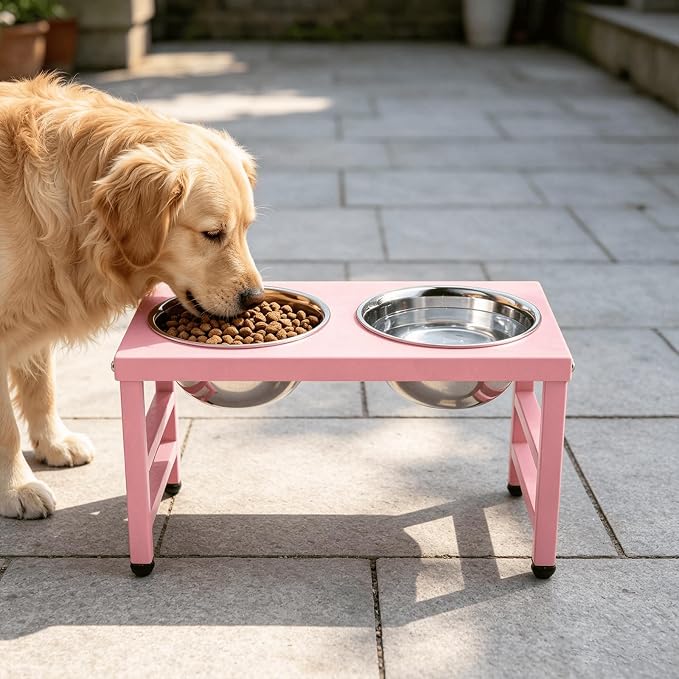 Raised Dog Bowl Stand 10 Inch Tall, Elevated Pet Feeder with 2 Stainless Steel Bowls (1700ml/58oz) & Anti-Spill Silicone Mat for Large Dogs, Stable Metal Frame Feeding Station, Pink - Image 6
