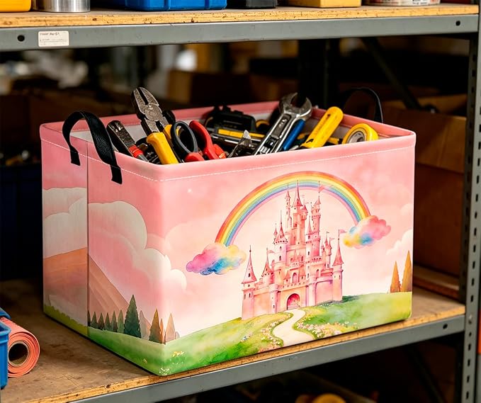 CLOCOR Rectangular Storage Basket Empty,Gift Basket,Waterproof Storage Bin with Handles,Room Decor(Pink Castle) - Image 2