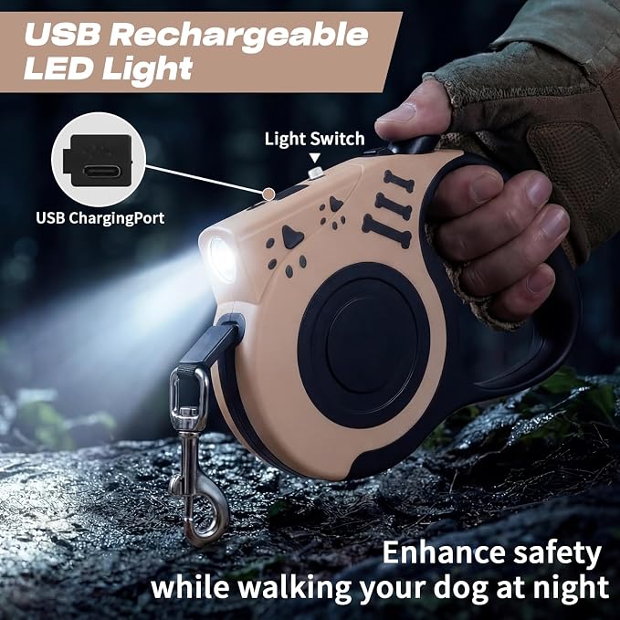 Retractable Dog Leash with USB Rechargeable Flashlight, Beige | 16FT Automatic Telescopic Tractor Dog Leash, Durable ABS Case and Comfort Grip, Designed for Small Medium Dogs Up to 30lbs - Image 2