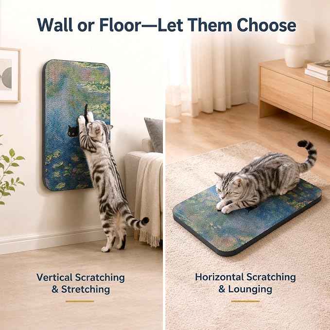 Cat Wall Scratcher, Art Cat Scratching Board for Indoor Cats | Wall Mounted Cat Scratch Pad, Water-Based Ink, Hook&Loop Strips, Floor or Wall Use, 16.7x11x1 Inch, Water Lily Pond - Image 5