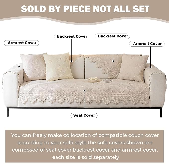 Cotton Quilted Dog Couch Cover for Sofa Farmhouse Rustic Embroidery Sectional Couch Cover Soft Anti-Slip Sofa Slipcover Furniture Protector for Kids, Pets (Khaki,36"x63") - Image 2