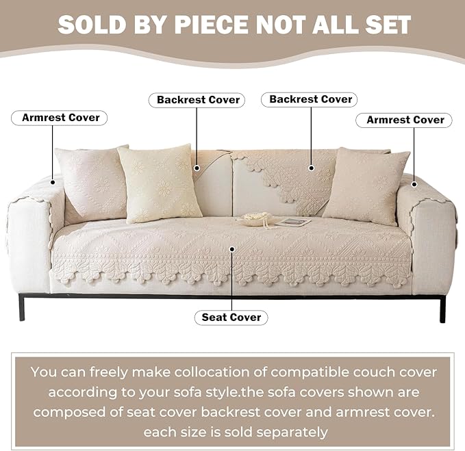 Cotton Quilted Dog Couch Cover for Sofa Farmhouse Rustic Embroidery Sectional Couch Cover Soft Anti-Slip Sofa Slipcover Furniture Protector for Kids, Pets (Khaki,43"x70") - Image 2