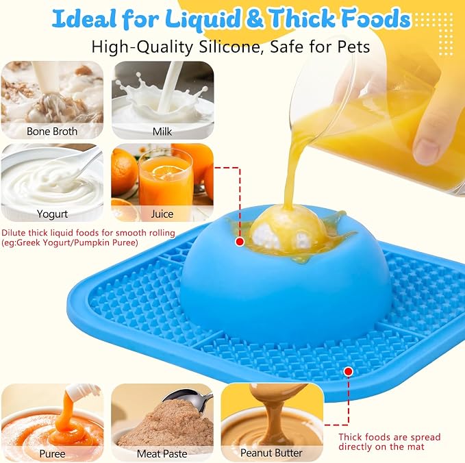 Slow Feeder Dog Bowls & Lick Mat for Liquid and Thick Treat, Anti-Slip Dog Lick Bowl with Interactive Rolling Ball, 5/6 Cup Pup Licking Toy for Large Medium Small Dogs and Cats Blue - Image 3
