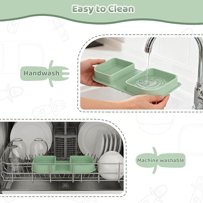 Green Foldable Silicone Baby Feeding Set, Portable Travel Baby Feeding Essentials Including Toddler Plates, Silicone Baby Spoon&Fork, Adjustable Foldable Bib, Portable Infant Toddler Utensils - Image 6