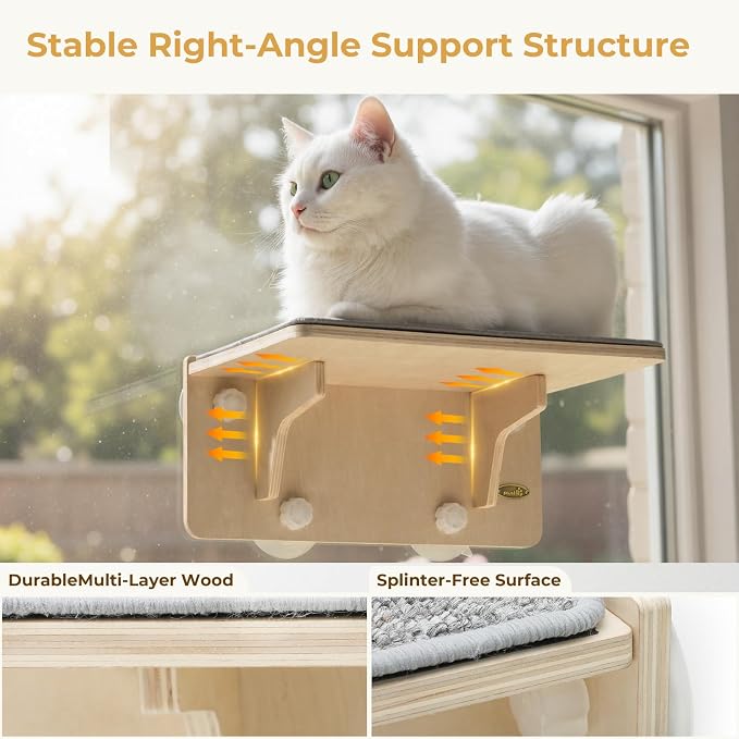 Pecute 2-in-1 Cat Window Perch & Wall Shelves, Cat Hammock Window 16"x10" | Solid Wood Frame, Strong Suction Cups, Washable Cover Mat, Window Bed for Kitten, Indoor Cats, Window Seat for Birds Watching - Image 4