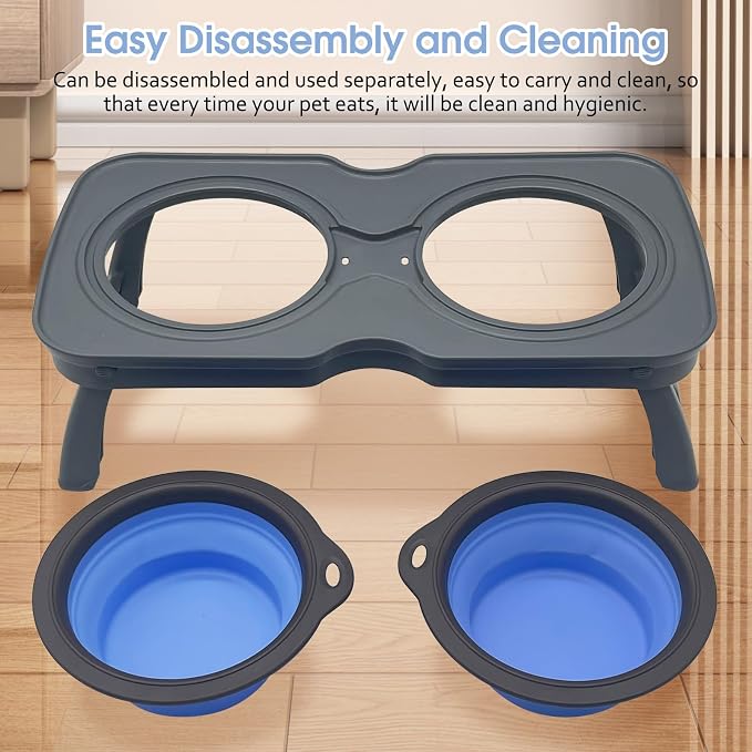PINVNBY Elevated Portable Dog Bowl, Travel Raised Dog Stand with Collapsible Silicone Double Diner Puppy Bowls Non-Slip Dog Food Water Bowls Holder for Small Dogs and Cats - 14.6" L x 7.5" W x 3.9" H - Image 3