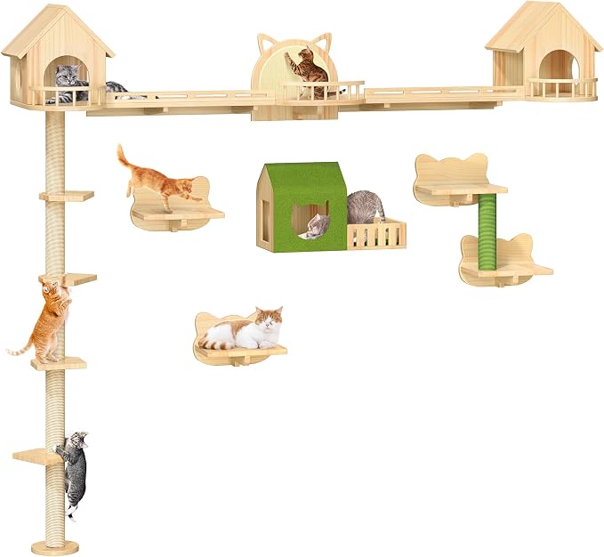 DWVO Solid Wood Cat Wall Shelves and Perches | Wall Mounted Cats Furniture Climbing Shelves for Large Cats with Scratching Posts, Steps, Runway, Scratching Board - Image 9