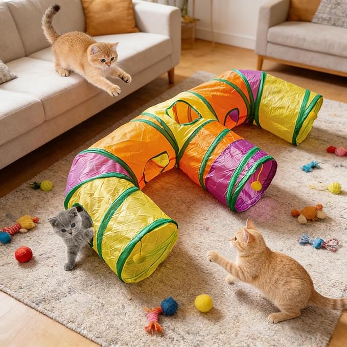 3 Way Collapsible Cat Tunnels with Interactive Ball, E Shape Folded Pet Tube Toy for Indoor Cats, Puppy, Kitty, Kitten, Rabbit - Image 7