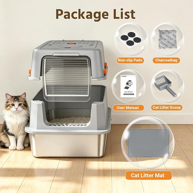 Enclosed Stainless Steel Litter Box, XL Covered MetalPan Includes Mat Scoop | Easy Cleaning Anti-Urine Leakage Non-Sticky Front Entry Top Exit - Image 9