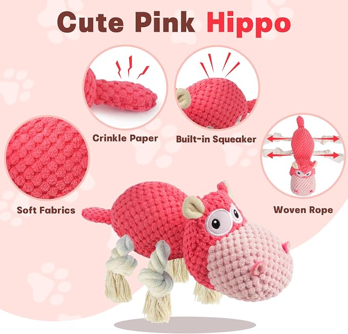 TOOPTATE Hippo Squeaky Dog Toy, Pink, Medium | Cute Plush Design, Rope Legs for Tugging, Helps Keep Dogs Busy, Suitable for Small, Medium, and Large Dogs - Image 2