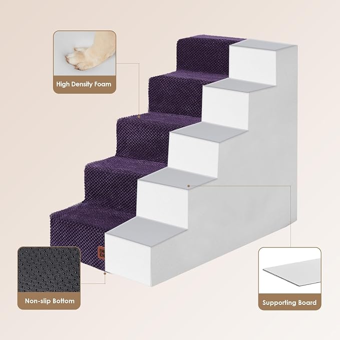 EHEYCIGA Dog Stairs for High Bed 22.5" H, 5-Step Dog Steps, Purple | Pet Steps for Small Dogs and Cats for Bed, Non-Slip Balanced Pet Ramp Indoor - Image 3