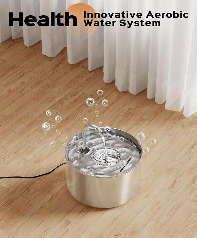 Cat Water Fountain Stainless Steel + 8 filters + 8 Sponges - Pet Water Fountains Faucet Metal Automatic Cat/Dog Waterer Bowls Pets Watering Running Bottle Water Dispenser for Drinking Ultra Quiet Pump - Image 2